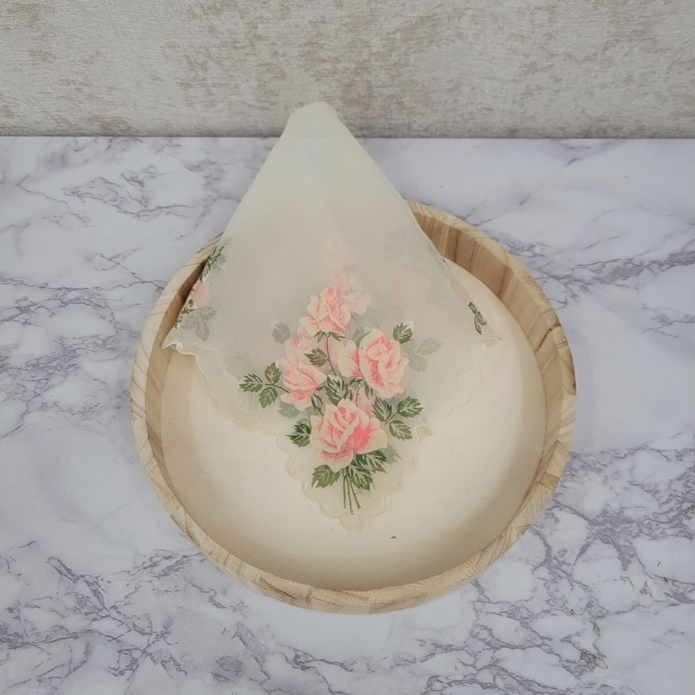Vintage Ladies Hankerchief Off White Sheer Organza Raised Velvet Floral Design